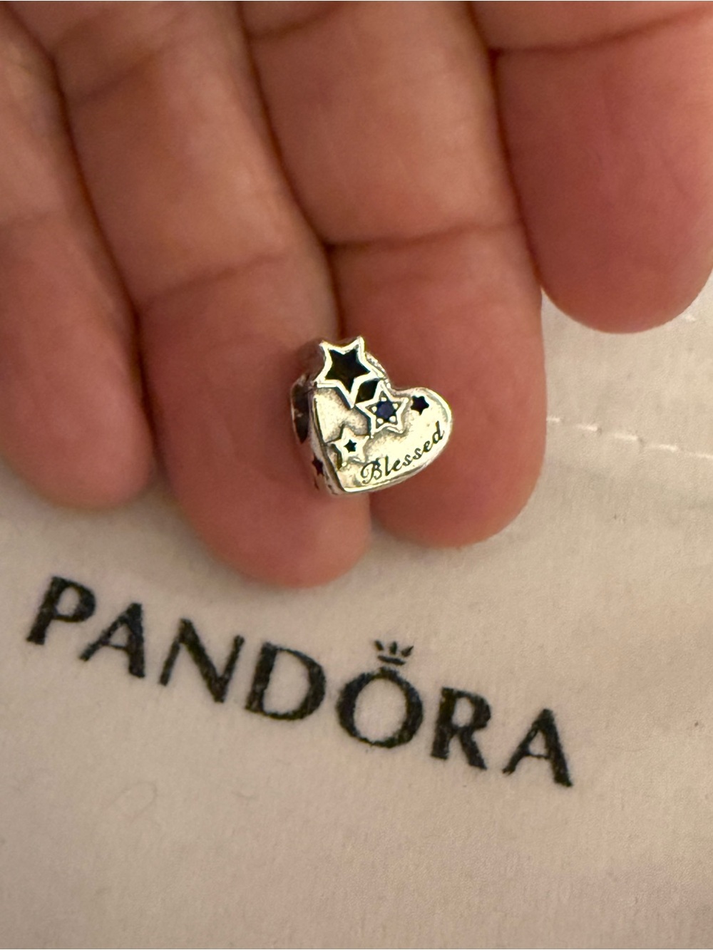 Pandora Silver Heart Charm with Stars and 'Thankful' Engraving